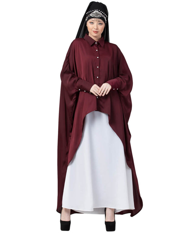 Chic Front Open Shirt Kaftan With Inner Casual Abaya Maroon