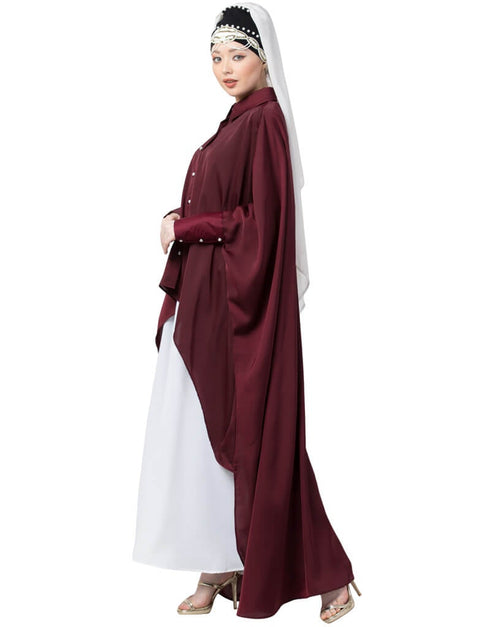 Chic Front Open Shirt Kaftan With Inner Casual Abaya Maroon