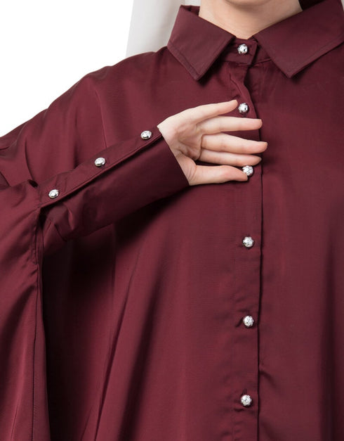 Chic Front Open Shirt Kaftan With Inner Casual Abaya Maroon