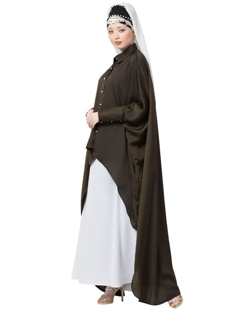Trendy Front Open Shirt Kaftan With Inner Casual Abaya Green