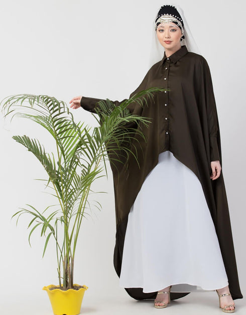 Trendy Front Open Shirt Kaftan With Inner Casual Abaya Green