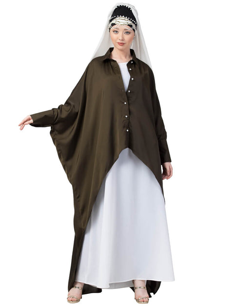 Trendy Front Open Shirt Kaftan With Inner Casual Abaya Green
