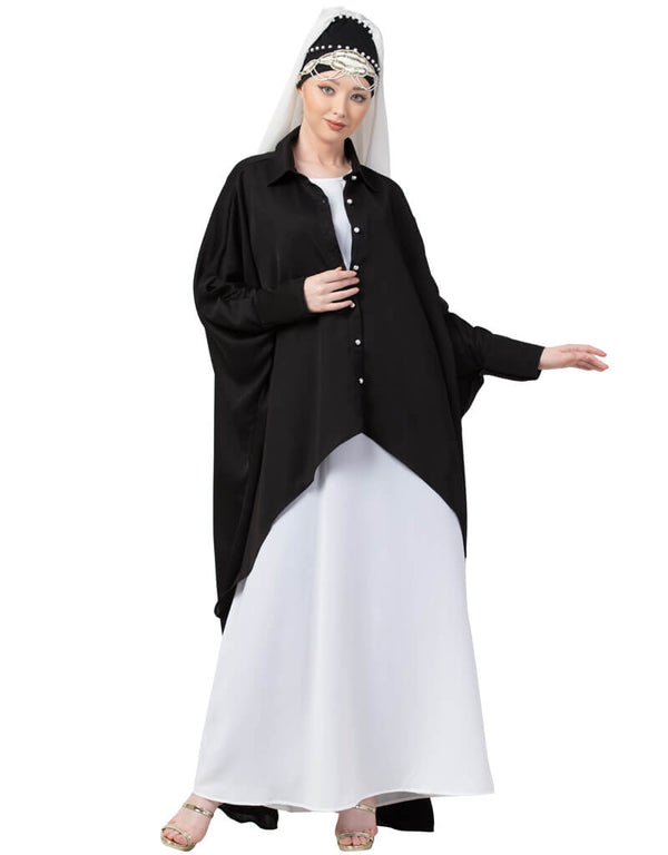 Modern Front Open Shirt Kaftan With Inner Casual Abaya Black