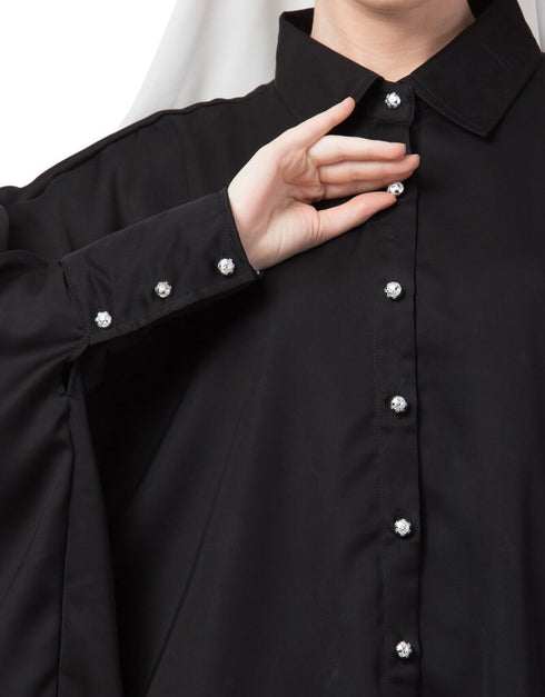 Modern Front Open Shirt Kaftan With Inner Casual Abaya Black