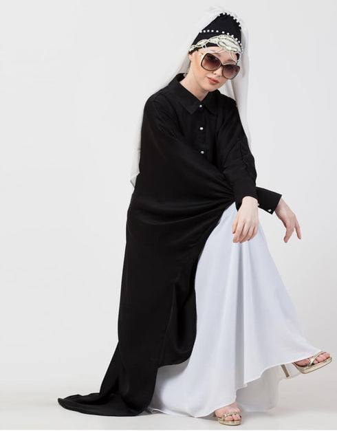 Modern Front Open Shirt Kaftan With Inner Casual Abaya Black