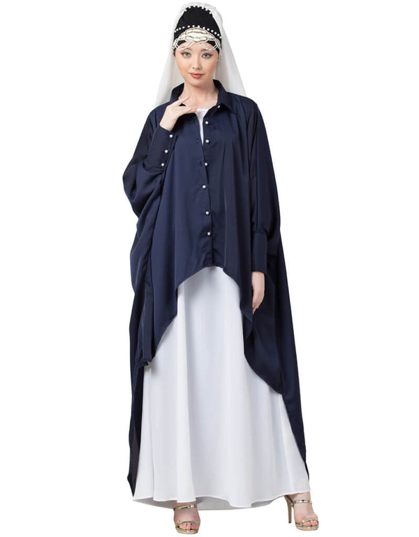 Dubai Front Open Shirt Kaftan With Inner Casual Abaya Navy Blue