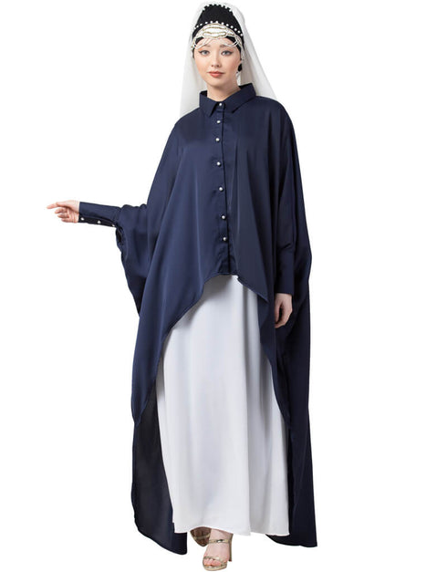 Dubai Front Open Shirt Kaftan With Inner Casual Abaya Navy Blue