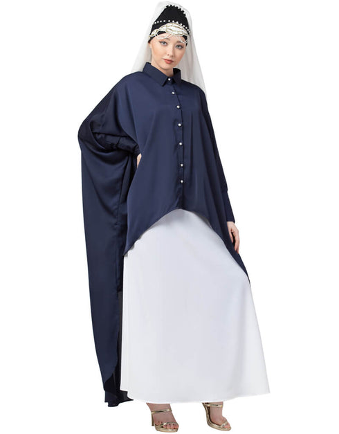 Dubai Front Open Shirt Kaftan With Inner Casual Abaya Navy Blue