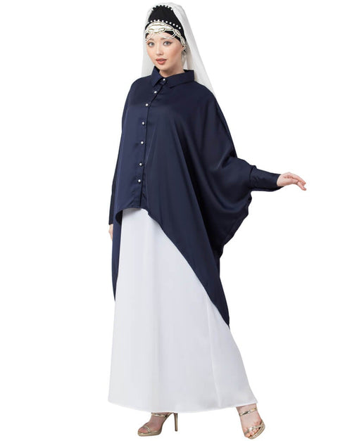 Dubai Front Open Shirt Kaftan With Inner Casual Abaya Navy Blue