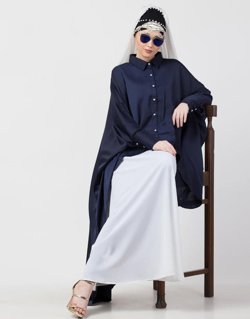 Dubai Front Open Shirt Kaftan With Inner Casual Abaya Navy Blue