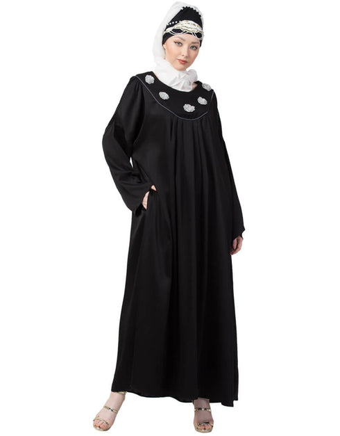 Muslim scallop yoke bohemian casual Abaya Black