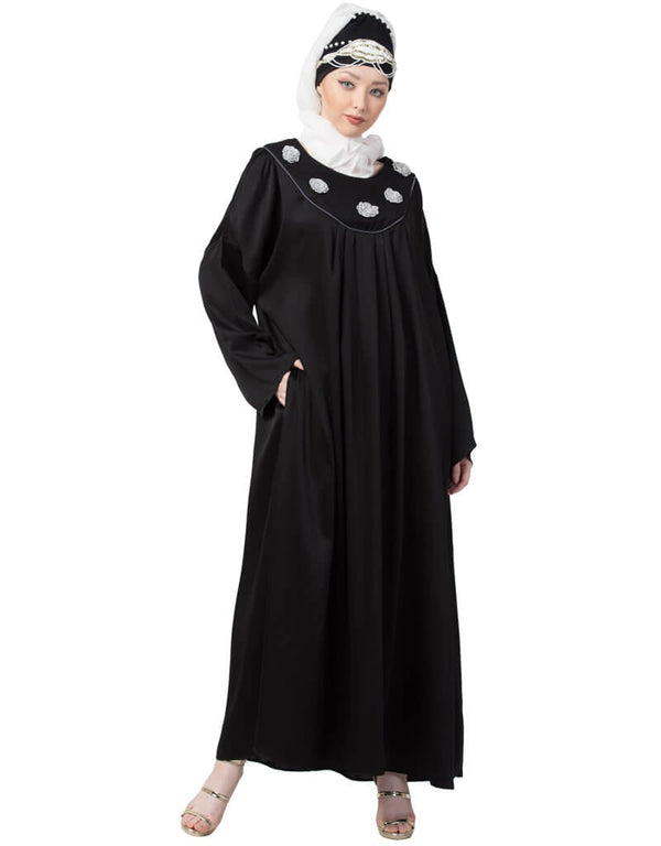 Muslim scallop yoke bohemian casual Abaya Black