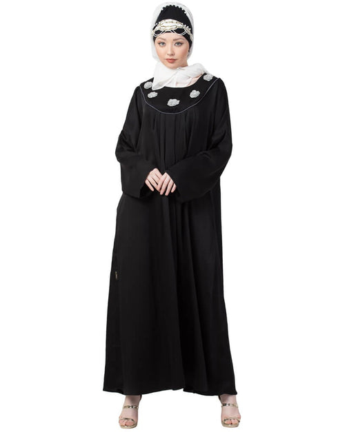 Muslim scallop yoke bohemian casual Abaya Black