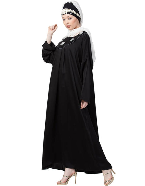 Muslim scallop yoke bohemian casual Abaya Black