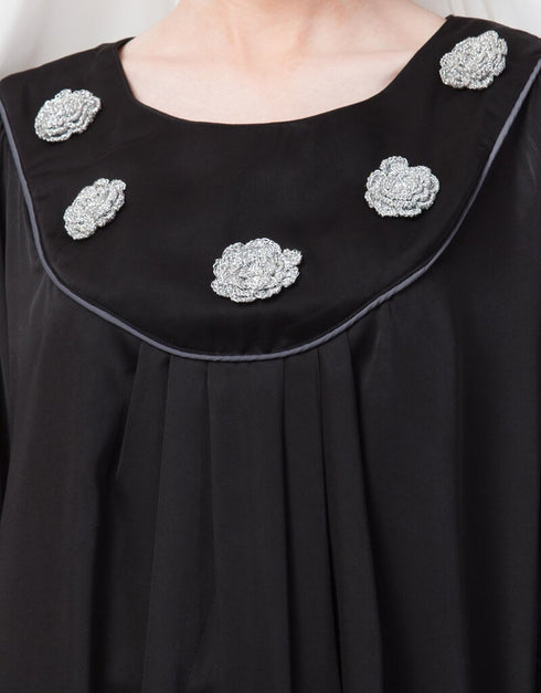 Muslim scallop yoke bohemian casual Abaya Black