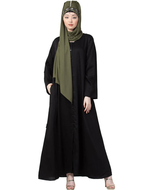 Modest Front Open V neck Black Nida Abaya Black