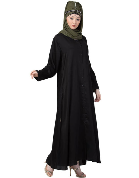 Modest Front Open V neck Black Nida Abaya Black