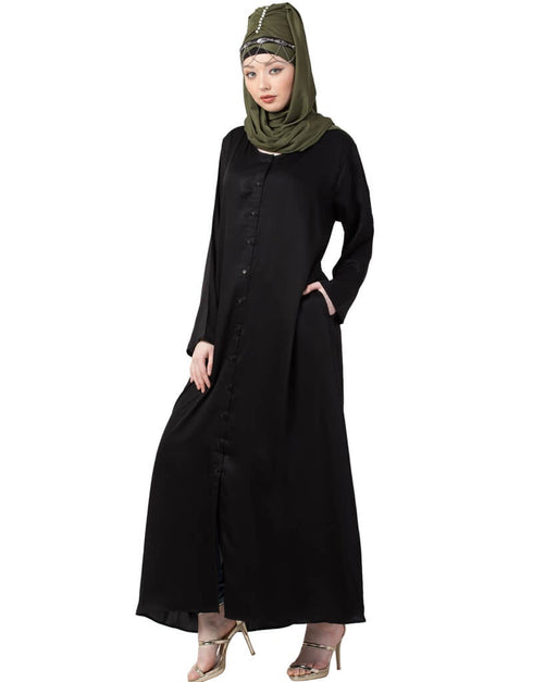 Modest Front Open V neck Black Nida Abaya Black