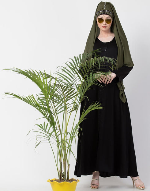 Modest Front Open V neck Black Nida Abaya Black