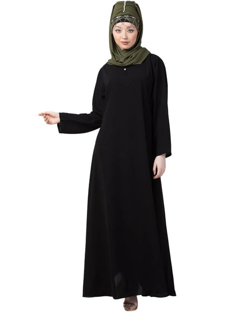Women front placket Flare Bottom Basic Abaya Black