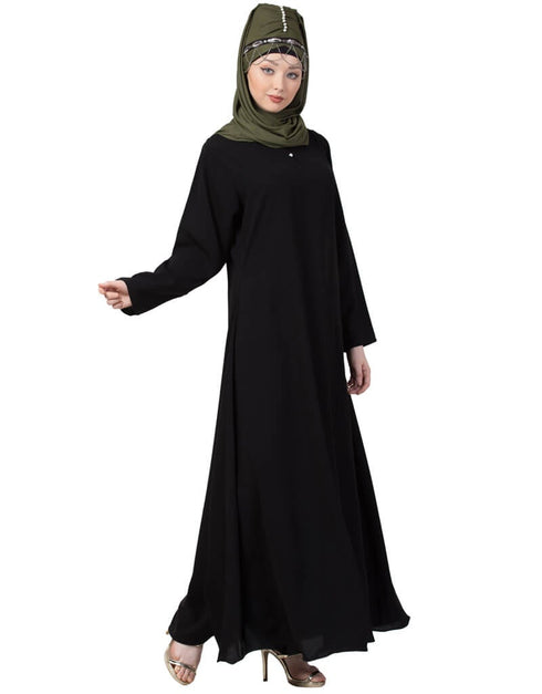 Women front placket Flare Bottom Basic Abaya Black