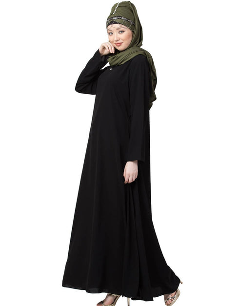 Women front placket Flare Bottom Basic Abaya Black