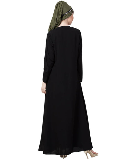 Women front placket Flare Bottom Basic Abaya Black