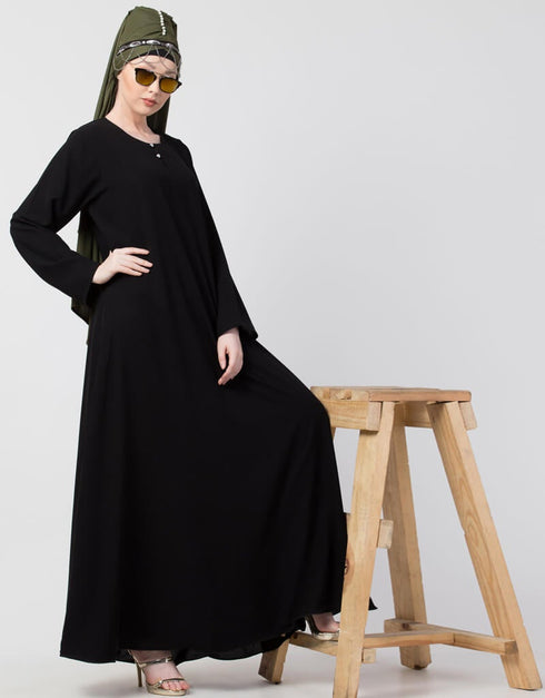 Women front placket Flare Bottom Basic Abaya Black