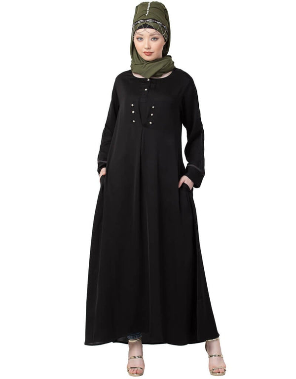 Muslimah extra decorative Button Casual Nida Abaya Black