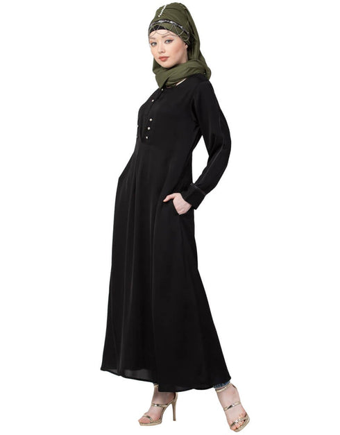 Muslimah extra decorative Button Casual Nida Abaya Black