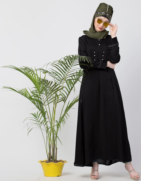 Muslimah extra decorative Button Casual Nida Abaya Black