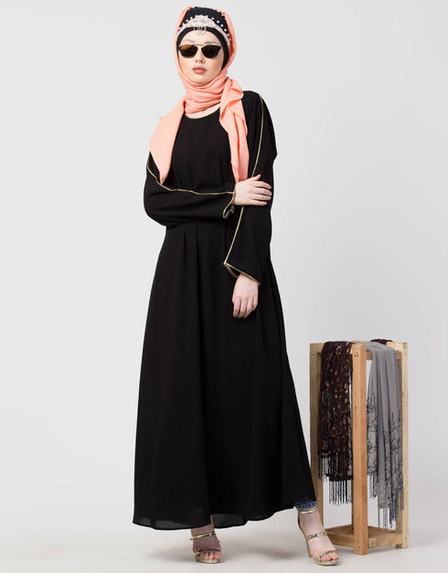 Chic Golden Piping at Sleeve Casual Abaya Black