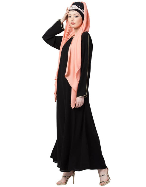 Chic Golden Piping at Sleeve Casual Abaya Black