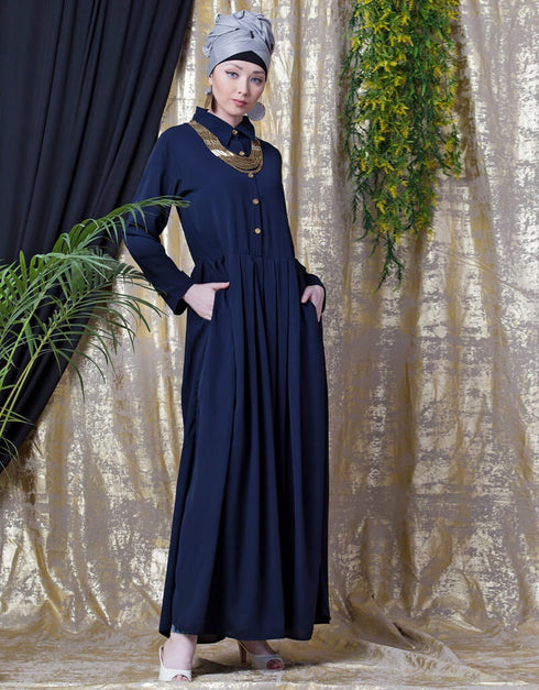 Trendy shirt collar executive Abaya Navy