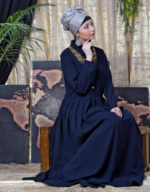 Trendy shirt collar executive Abaya Navy
