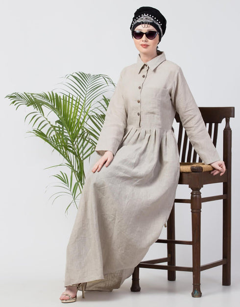 Muslim Linen Shirt Collar Executive Abaya Cream