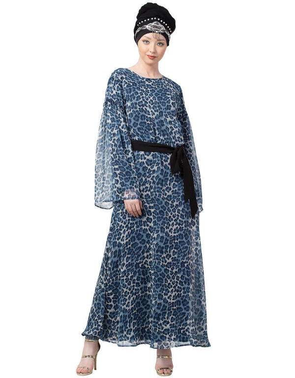 Arabic animal printed bell sleeve Casual Abaya Navy Blue