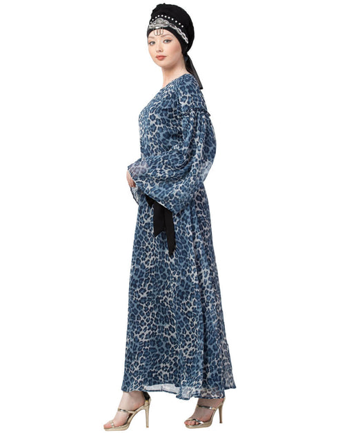 Arabic animal printed bell sleeve Casual Abaya Navy Blue