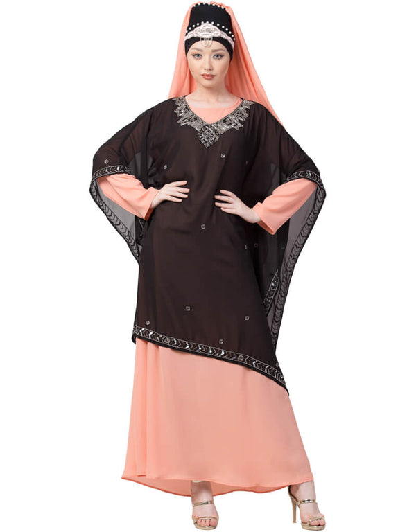 Women double layer embellished Party Abaya Peach