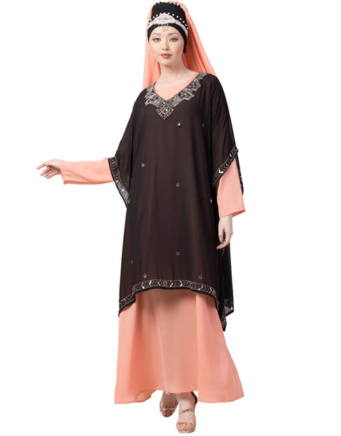 Women double layer embellished Party Abaya Peach