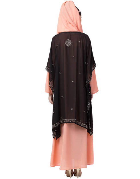 Women double layer embellished Party Abaya Peach