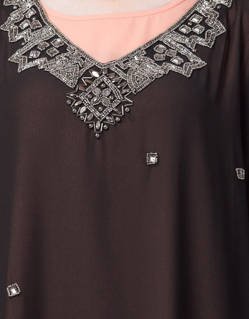 Women double layer embellished Party Abaya Peach