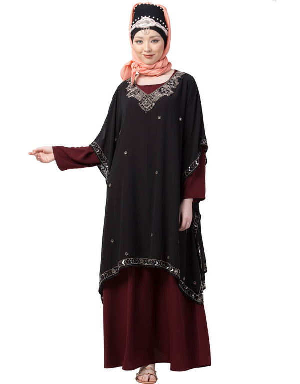 Chic double layer embellished Party Abaya Maroon