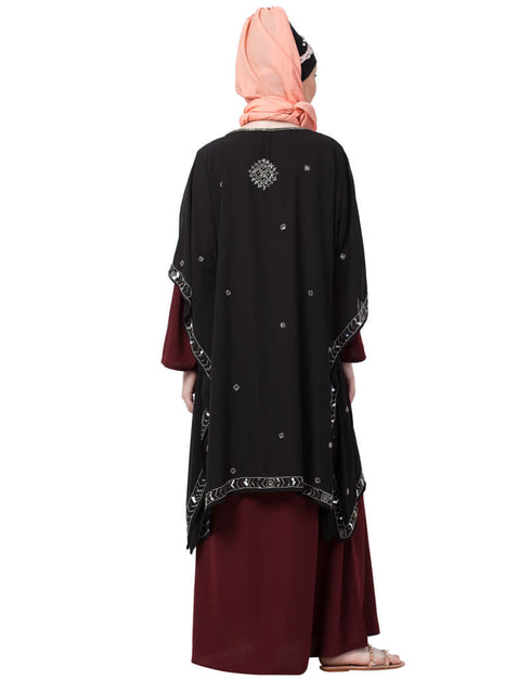 Chic double layer embellished Party Abaya Maroon
