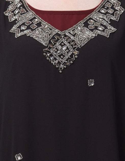Chic double layer embellished Party Abaya Maroon