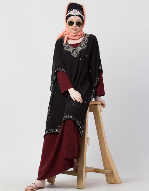 Chic double layer embellished Party Abaya Maroon