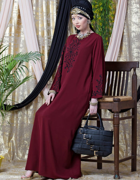 Modern embroidered Butterfly Sleeve Party Abaya Maroon