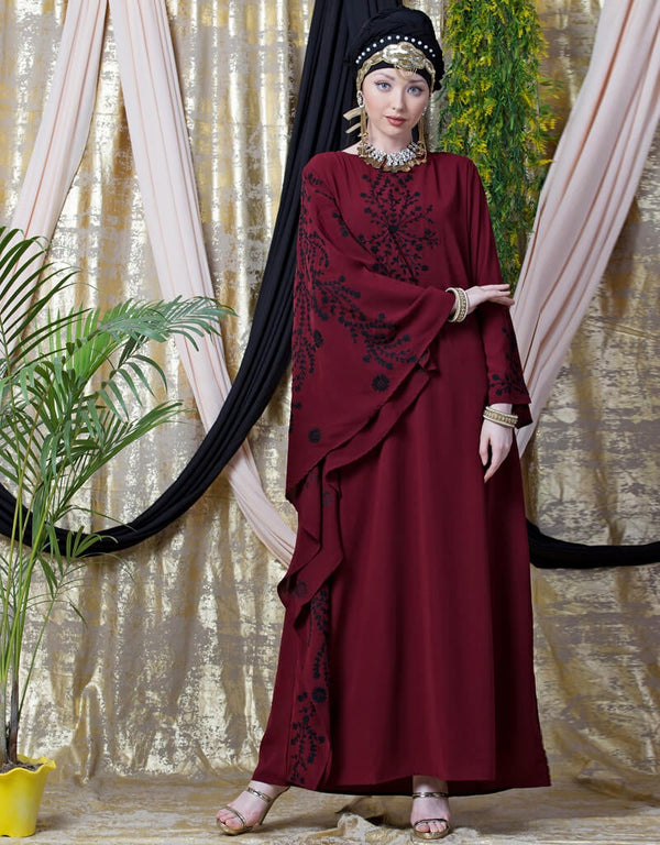 Modern embroidered Butterfly Sleeve Party Abaya Maroon