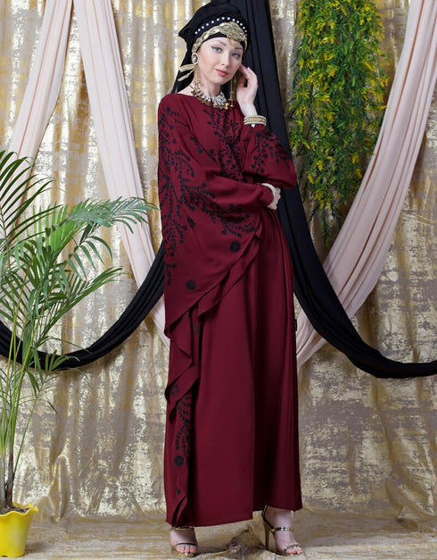 Modern embroidered Butterfly Sleeve Party Abaya Maroon