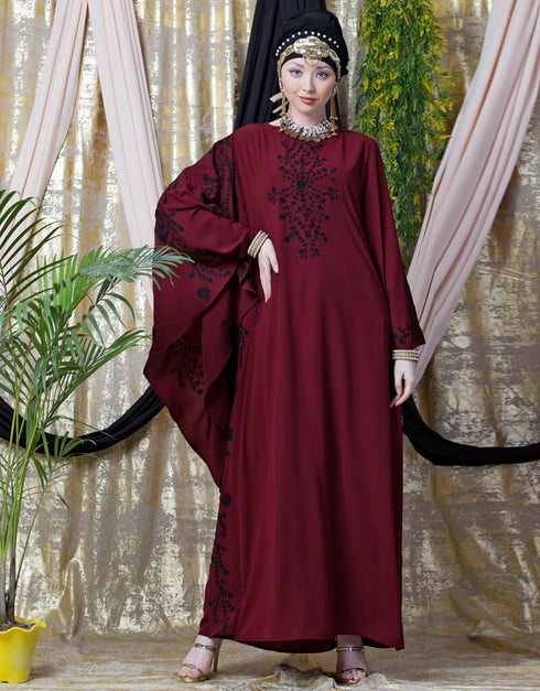 Modern embroidered Butterfly Sleeve Party Abaya Maroon